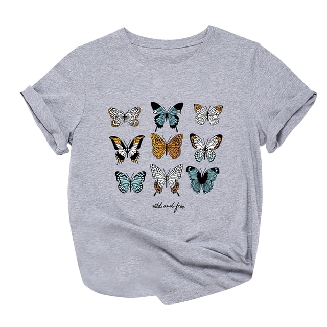 Pompotops T-Shirt à Col Rond à Imprimé Papillon Décontracté pour Femmes