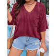 thumbnail image 4 of Camisetas con Cuello en V para Mujer, Blusas de Punto A Rayas de Media , Corte Holgado, Color Vino Tinto, Talla 4XL, 4 of 8