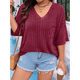 thumbnail image 4 of Camisetas con Cuello en V para Mujer, Blusas de Punto A Rayas de Media , Corte Holgado, Color Vino Tinto, Talla 4XL, 4 of 8