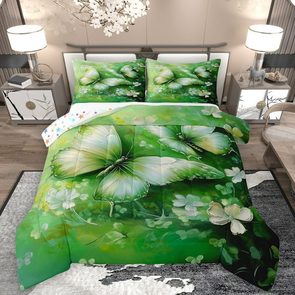 Homewish Flying Butterflies 2pcs Bedding Comforter Set For Teens,Chic Green Flowers Twin Comforter Sets,Spring Garden Breathable Bedding Set,Ultra Soft Home Decor,Reversible