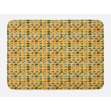 Wasabi Bath Mat, Repetitive Hand Drawn Doodle of Assorted Japanese Sushi Meal, Plush Bathroom Decor Mat with Non Slip Backing, 29.5" X 17.5", Pale Orange Multicolor, by Ambesonne
