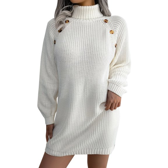 Ediodpoh Women Fashion Casual Long Sleeve Solid Knit Turtleneck Puff Sleeve Ribbed Short Dress Sweater Dress with Buttons for Fall White L