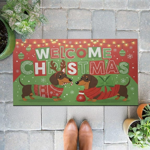 TiniDecor Welcome Christmas Dachshund Doormat, 24x16" Holiday Rug, Non-Slip, Indoor/Outdoor