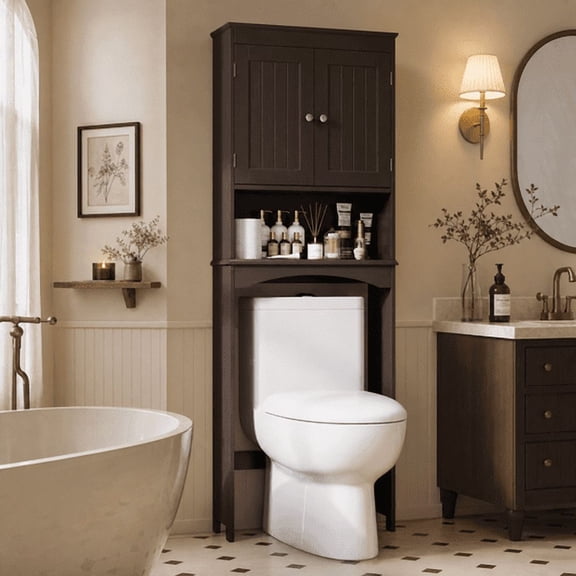 Over-the-Toilet Storage Cabinet with Adjustable Shelf, Aiho 66" Bathroom Space Saver Storage Cabinet, Freestanding - Brown