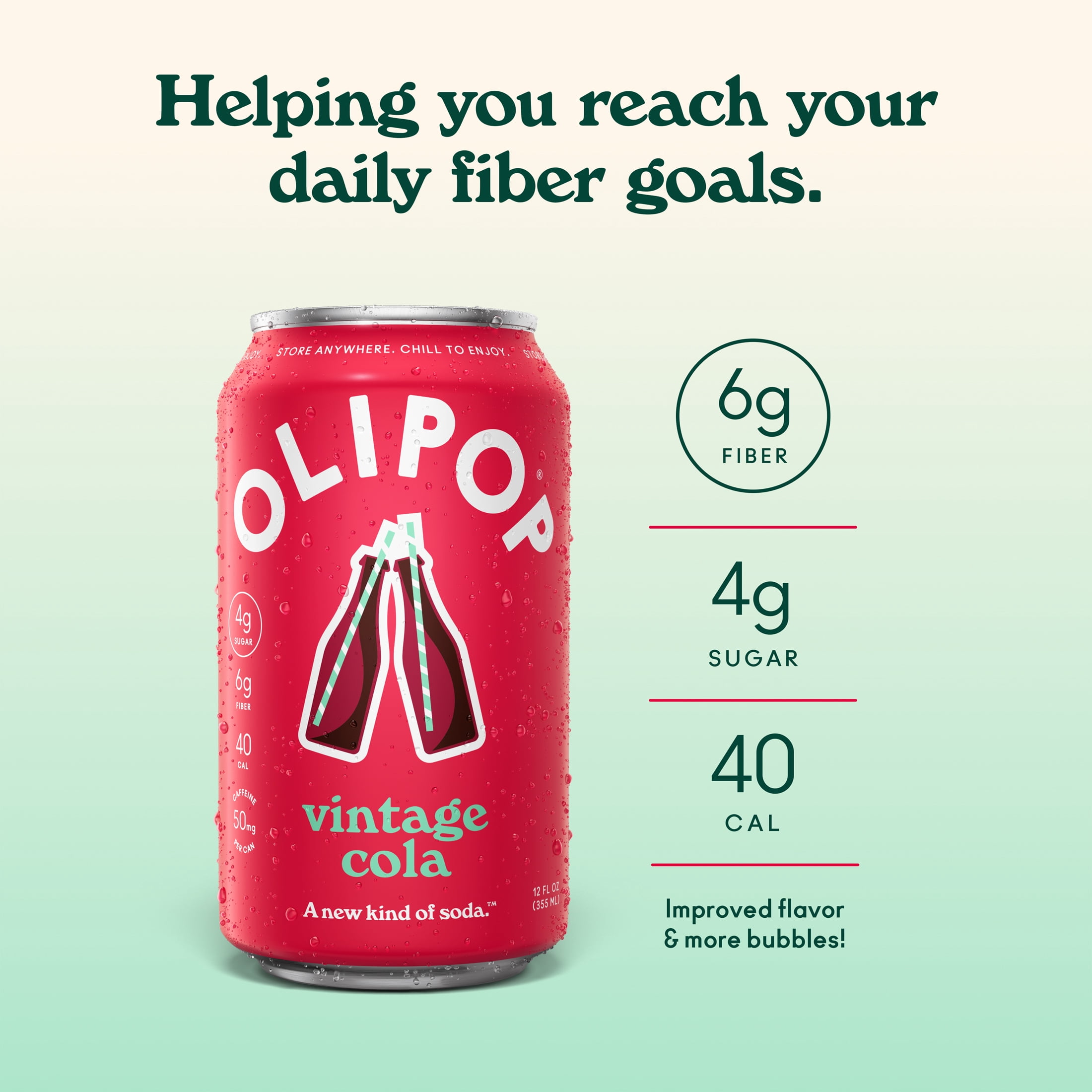 (12 pack) OLIPOP 9g Fiber Prebiotic Soda, Vintage Cola, 12 fl oz, 12 Pack, Refrigerated