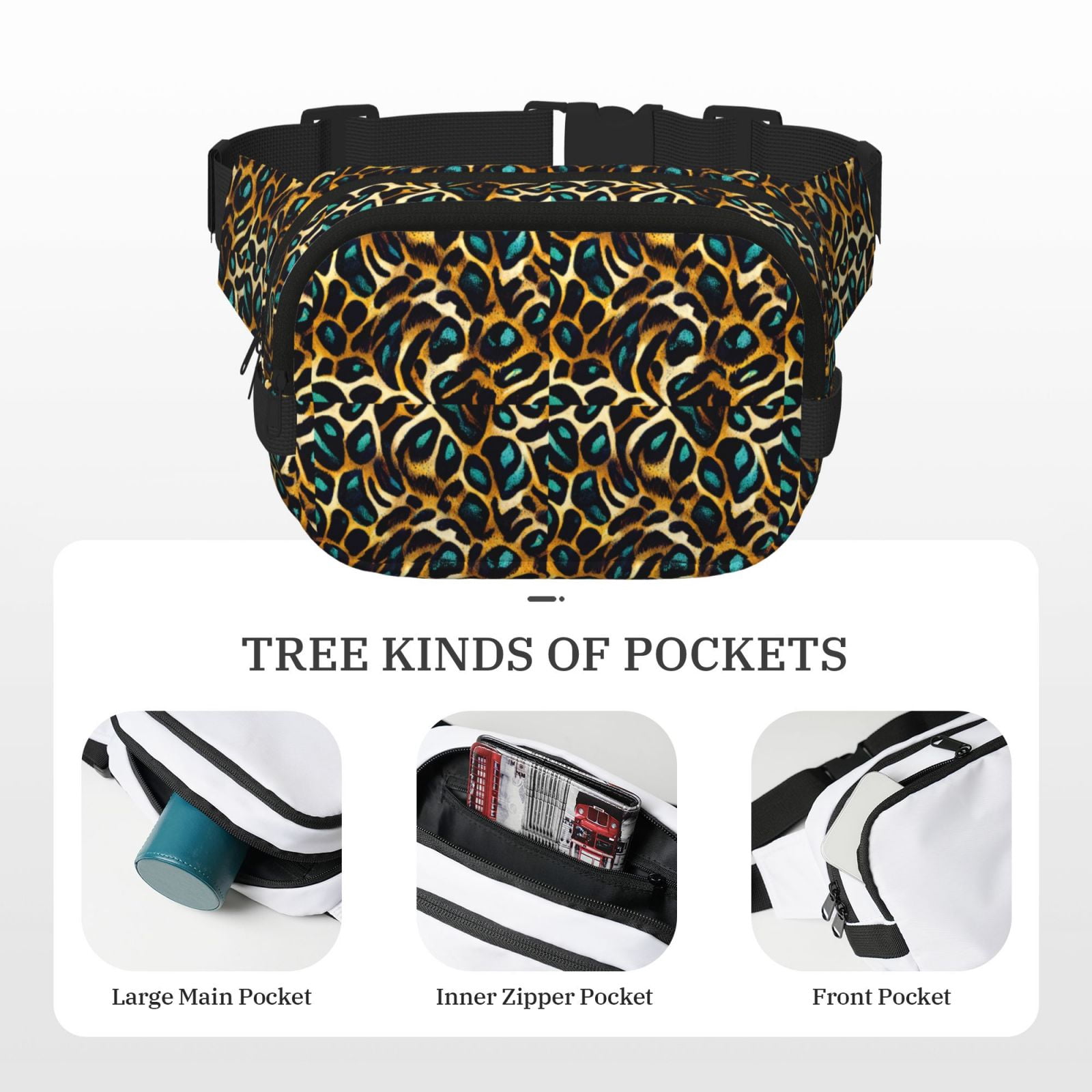 Fuzoiu Teal Leopard Print Unisex Square Double Layer Waist Bag,Crossbody Fanny Pack Travel Workout Accessory