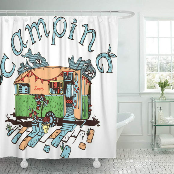 Camp Shower Curtain, Bear Happy Camper Shower Curtain Set Up