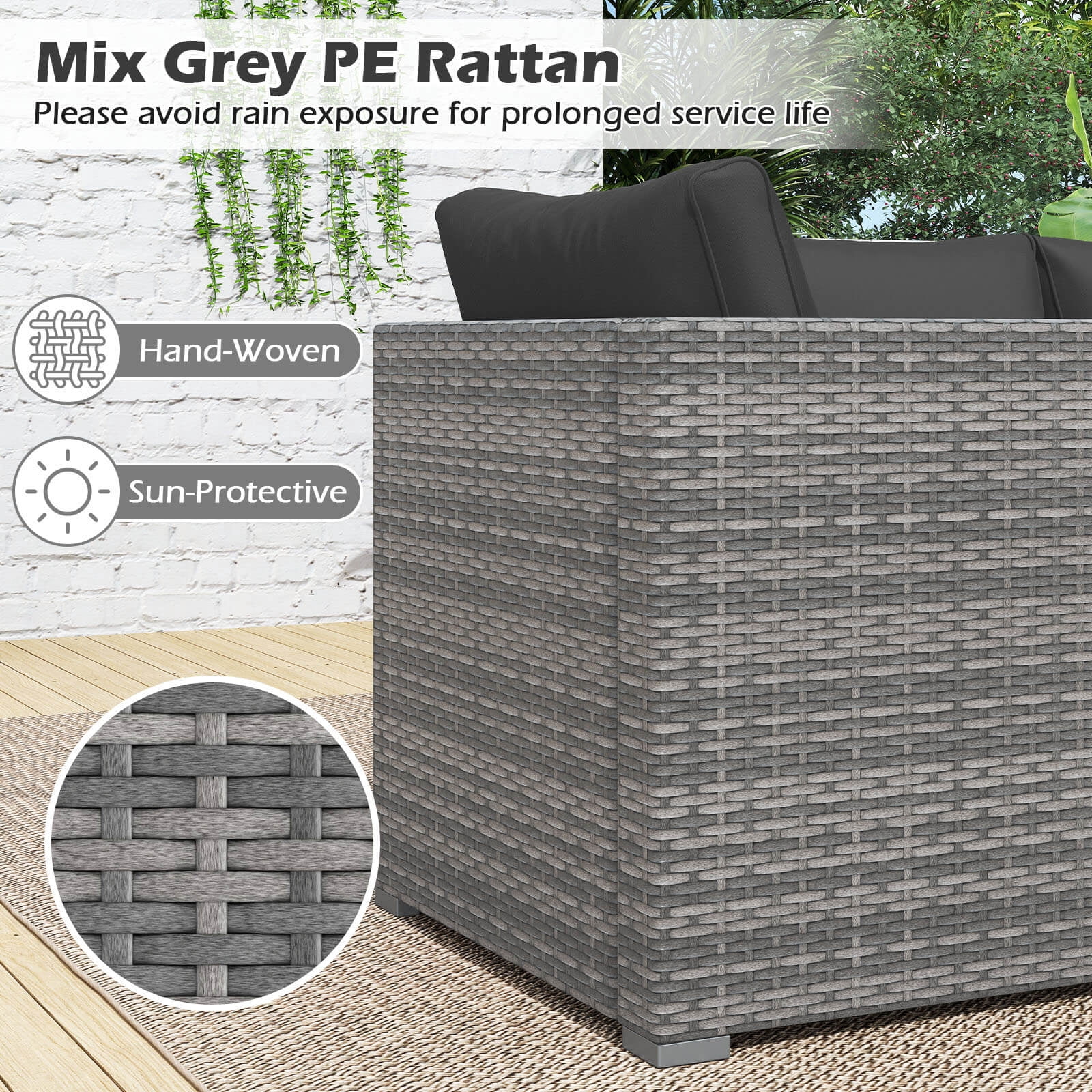 Costway 3PCS Patio Sectional Sofa Set, PE Rattan Modular Couch Furniture Set with Cushions Black + Mix Gray