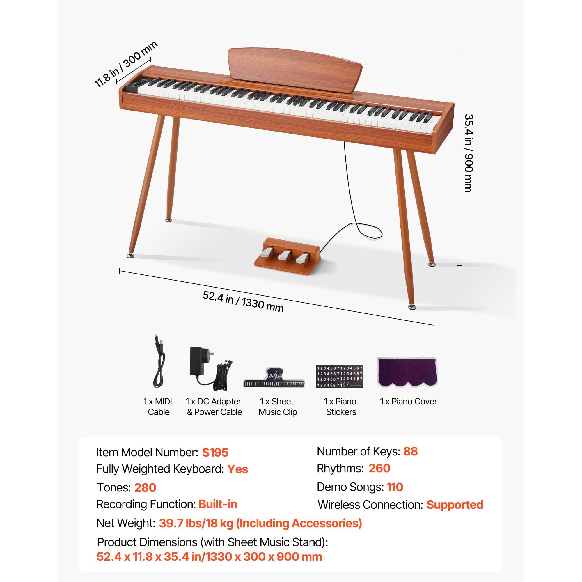 Weighted Digital Piano, 88 Keys Fully Weighted, Electric Piano Keyboard with Sheet Music Stand, Triple Pedal, Power Adapter, 280 Tones, Support Wireless Connection, for Beginners, Wood Color