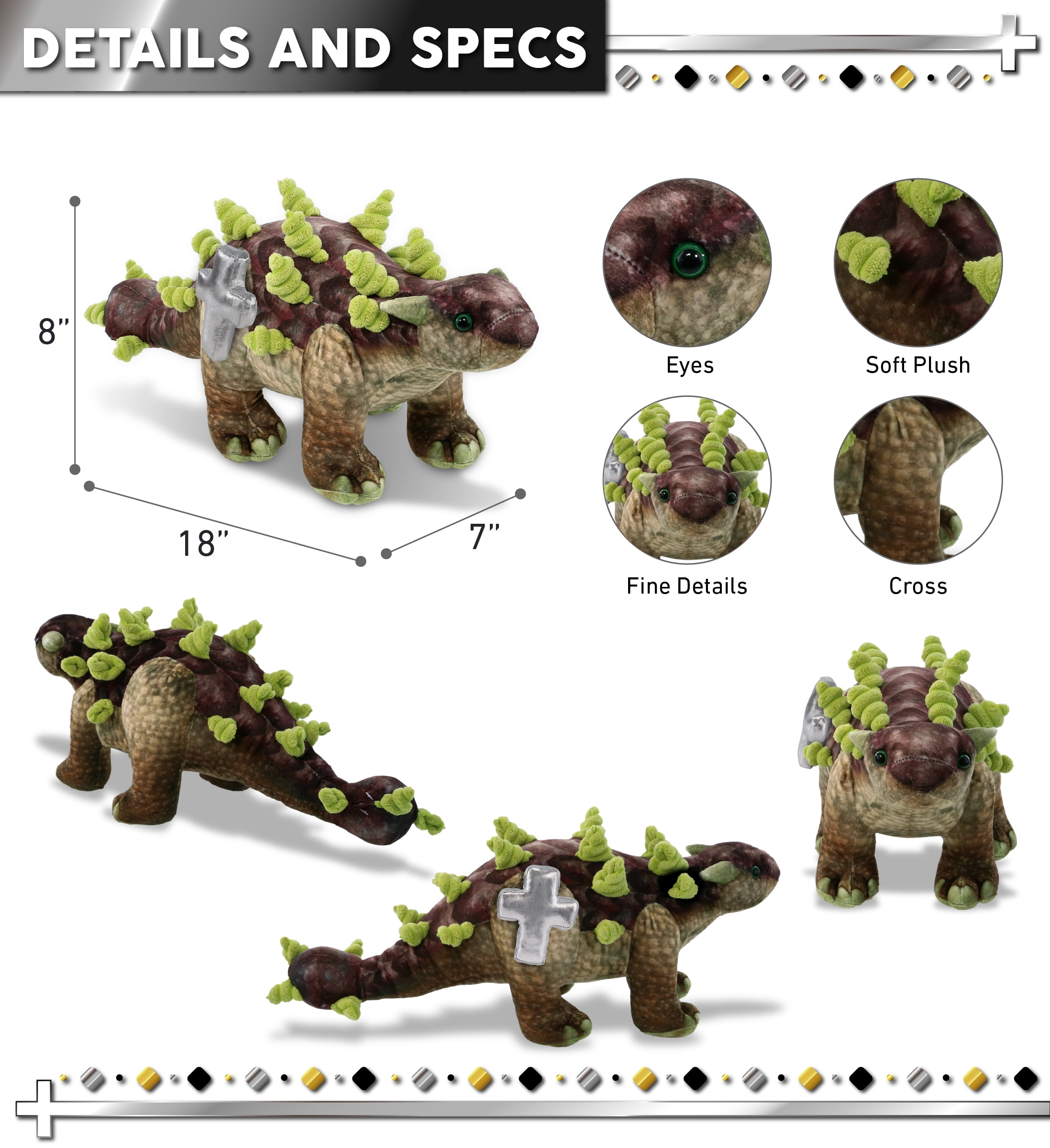 DolliBu Ankylosaurus Dinosaur Stuffed Animal with Silver Cross Plush - Religious Baptism Gifts for Boys and Girls, Dedication Christening Gifts Plush Prayer Toy Healing Stuffed Animal - 18 Inches