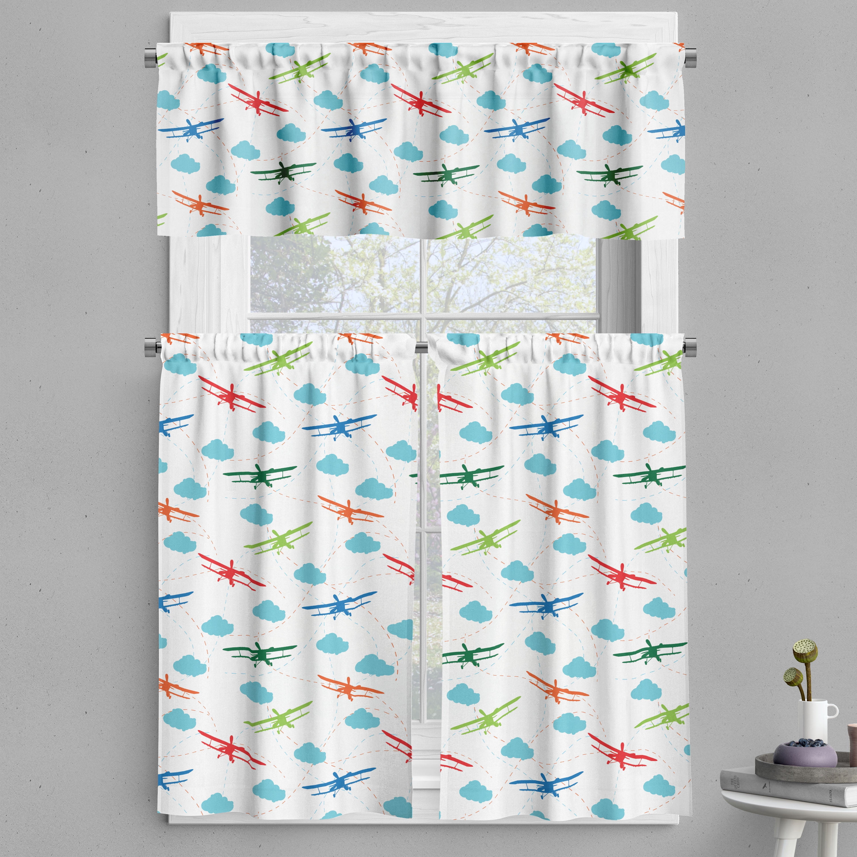Airplane Valance & Tier Curtain 3 pcs Set, Travel Around the World