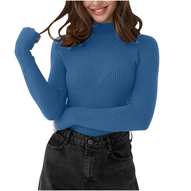 Long Sleeve Mock Neck Sweaters Women Basic Layers Slim-Fit Knit Sweater Classic Plain Pullover Fall Tops Blue, Free Size
