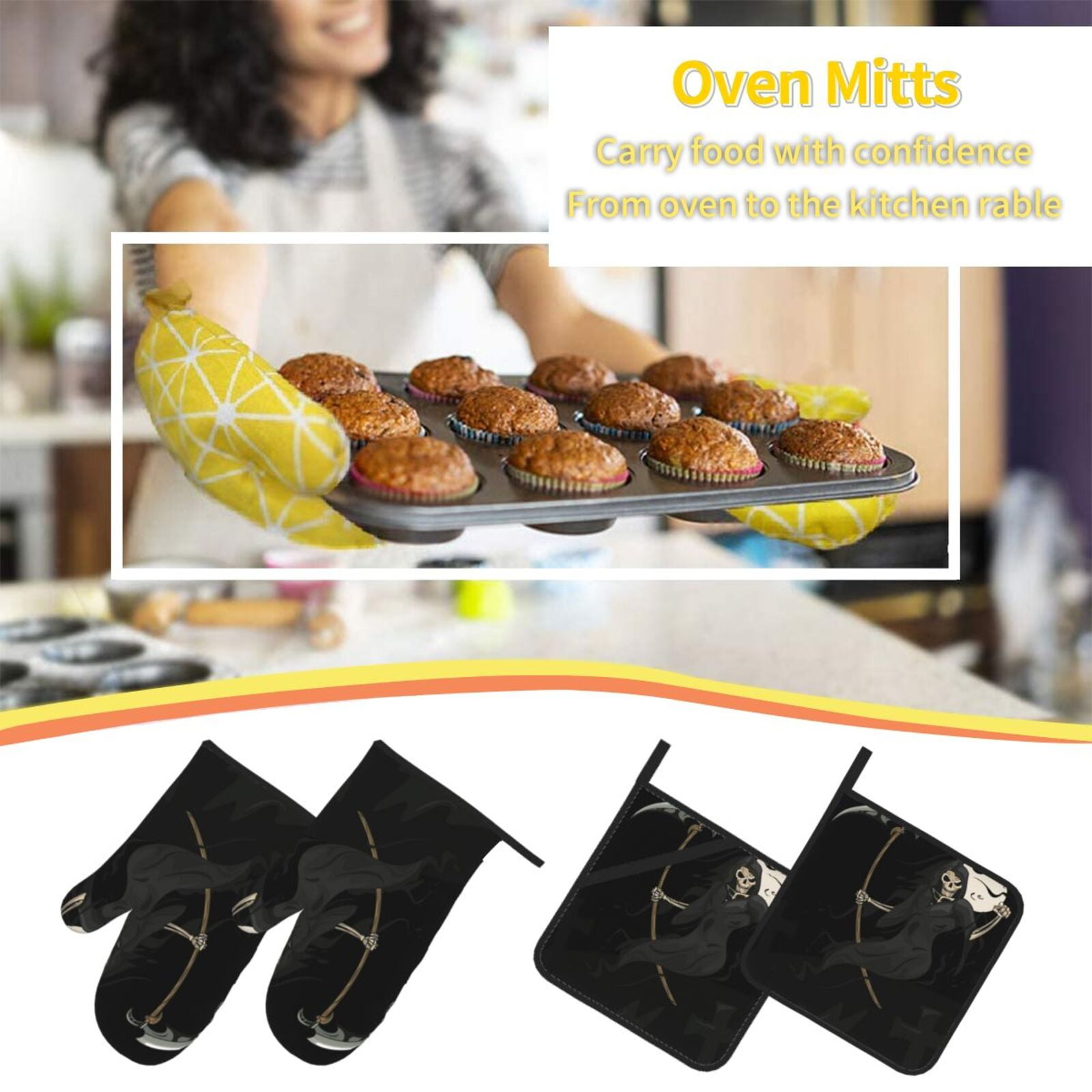 Grim Reaper Skull Moon 4Pcs Oven Mitts and Pot Holders Sets Oven Kitchen Gloves Hot Pads for Cooking BBQ Baking Grilling
