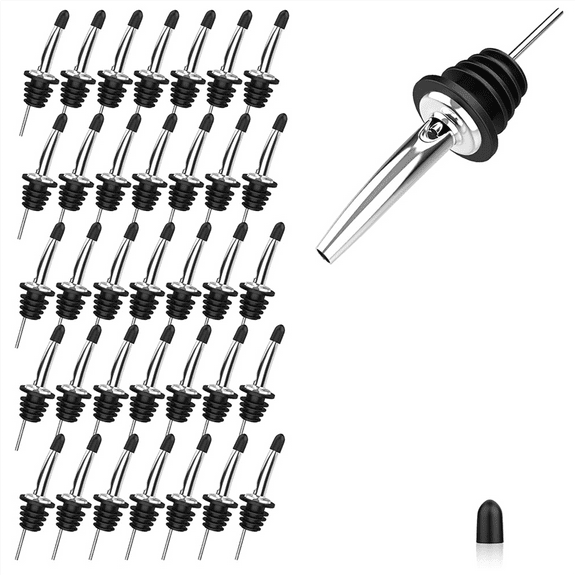 36pcs Stainless Steel Pour Spouts for Liquor Bottles, Oil, Vinegar, and Wine with Rubber Dust Caps