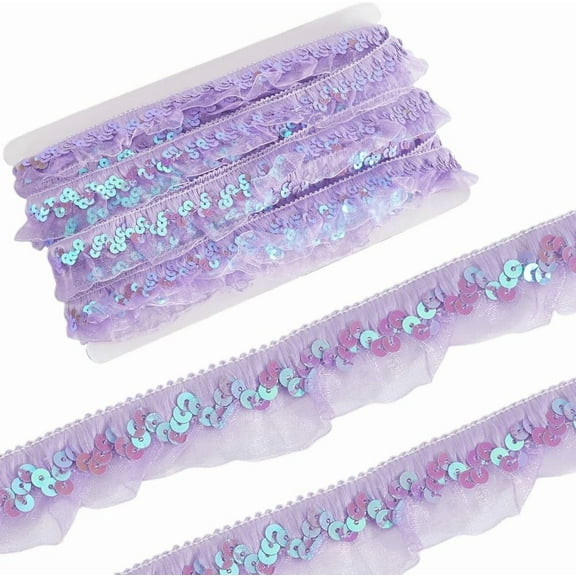 11m Purple Pleated Mesh Stretch Fringe Trim Elastic Organza Fabric Ribbon 3cm Gathered Ruffle Sequin Chiffon Lace Edge Trim for Cloth Craft Sewing Embroidered Wedding Party Decor