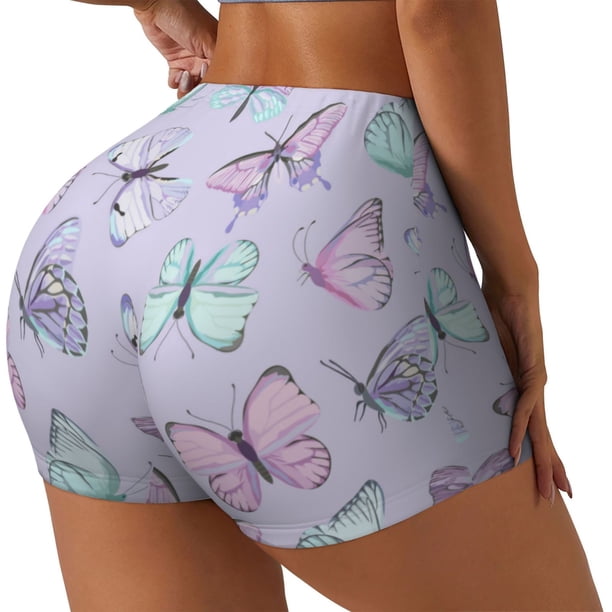 Fotbe Purple Butterfly Shorts Sin Costuras – Shorts Deportivos de Cintura Alta para Mujer, Elásticos para Gimnasio, Yoga, Running o Ciclismo-Large