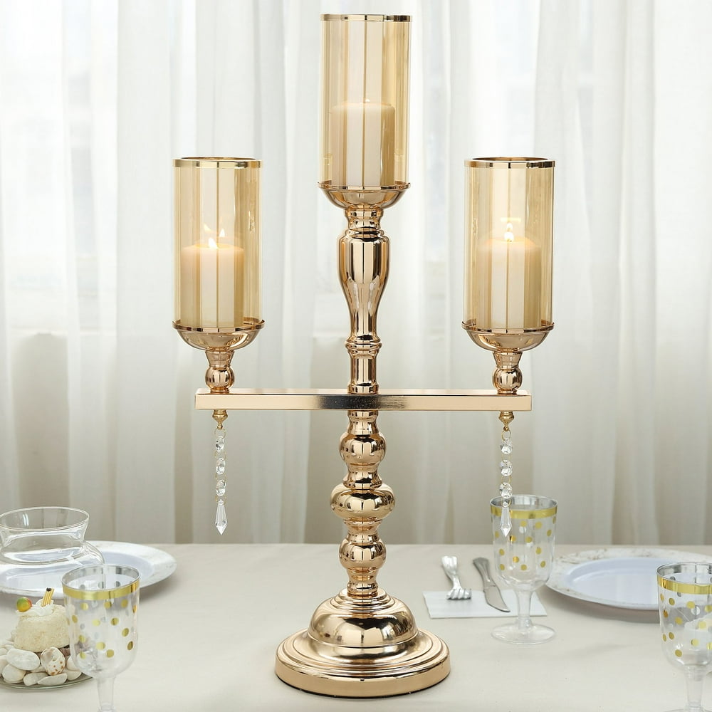 Efavormart 23" Tall 3 Arm Gold Metal Candle Stand Candelabra With Glossy Gold Glass Cover For