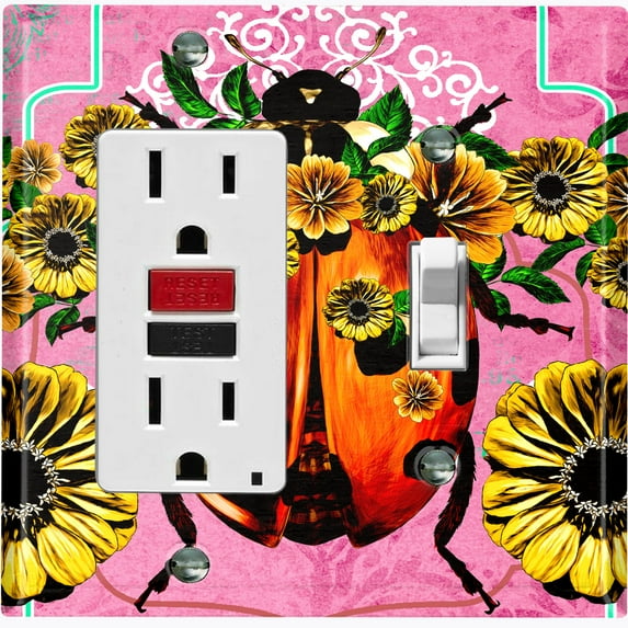 Metal Light Switch Plate Cover Unique Floral Lady Bug Pink BUT015