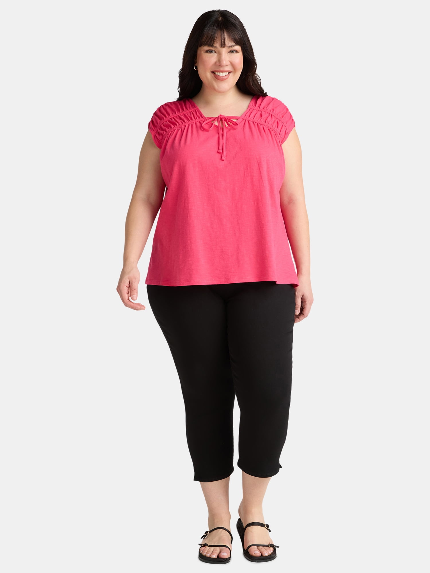 Terra & Sky Women's Plus Size Shirred Tie Top