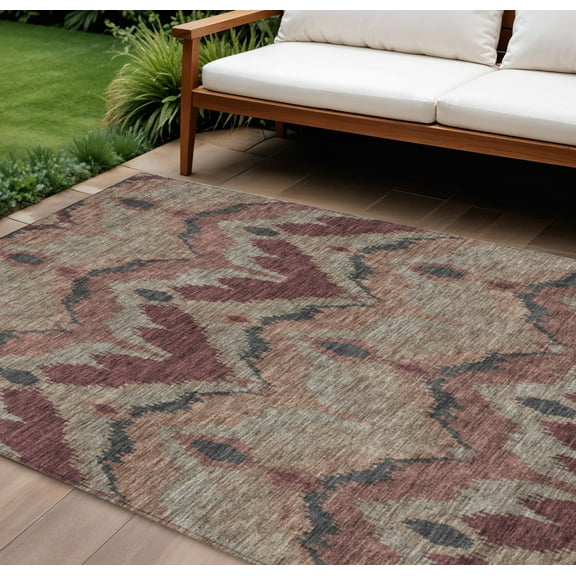 HomeRoots 584335 8 x 10 ft. Ikat Washable Indoor & Outdoor Rectangle Area Rug, Burgundy, Beige & Charcoal