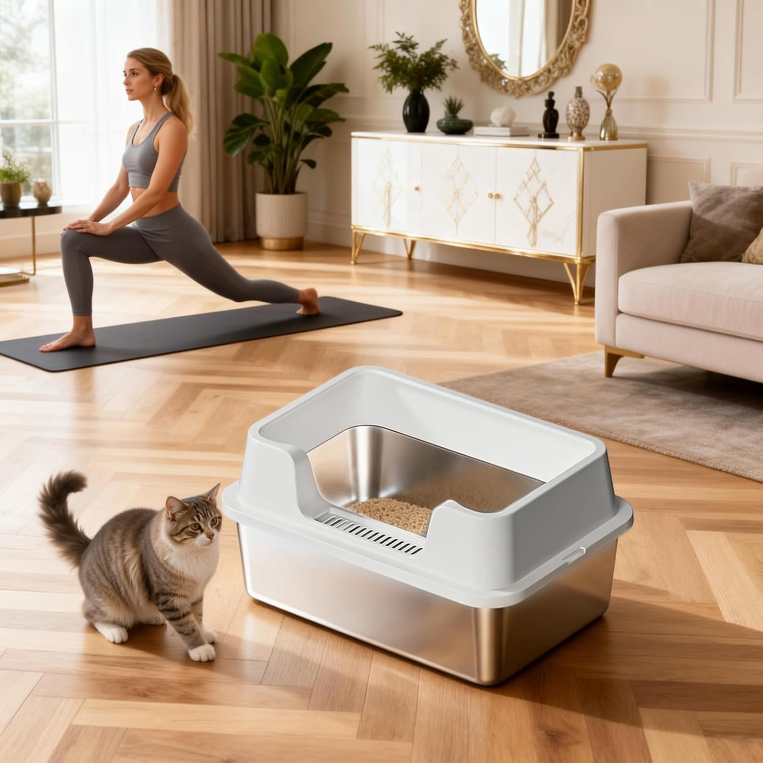 Gaderth Stainless Steel Litter Box, Enclosed Metal Litter Pan Tray with Lid for Big Cats and Multi-Cats, High Wall Sides Enclosure, Anti-Urine Leakage Non-Stick Bottom Include Scoop Easy to Clean