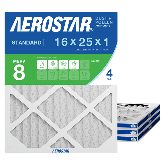 Aerostar 16x25x1 MERV 8 Air Filter, Pleated AC Furnace HVAC, Dust Pollen Pet Dander, 4 Pack