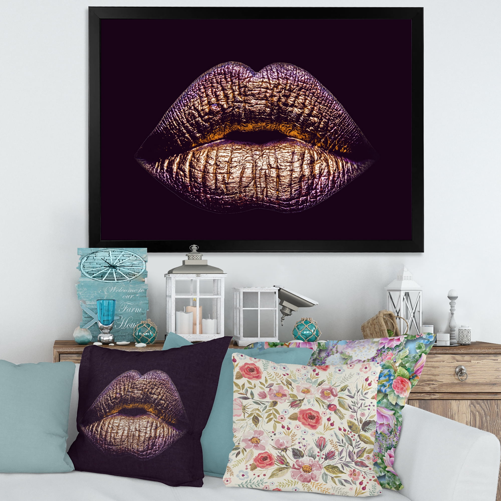 Designart 'Sexy Golden Metallized Woman Lips III' Modern Framed Art Print