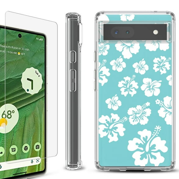 Shockproof Bumper Phone Case for Google Pixel 6a, with Tempered Glass Screen Protector, by OneToughShield  - Hibiscus Teal
