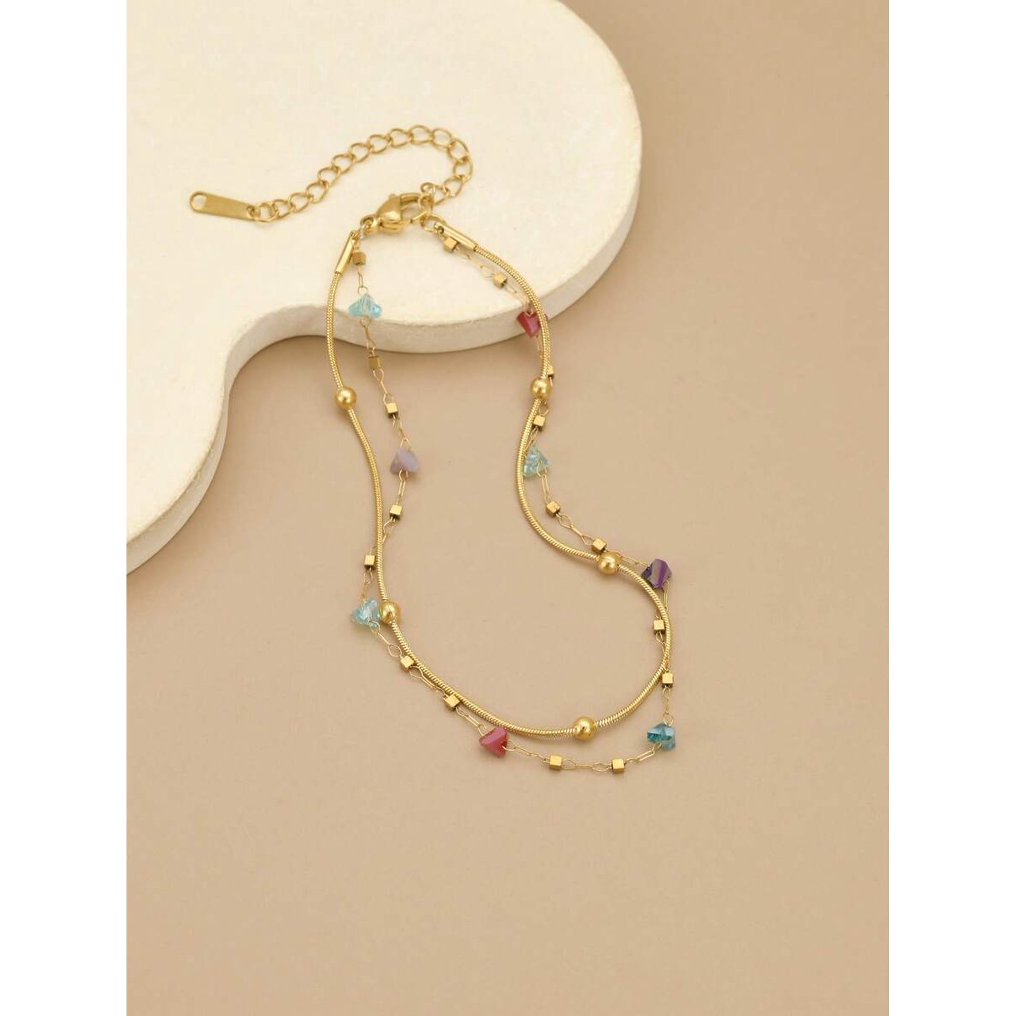 Double Strand Multicolor Stone Anklet in Goldtone Finish - Multicolor-3