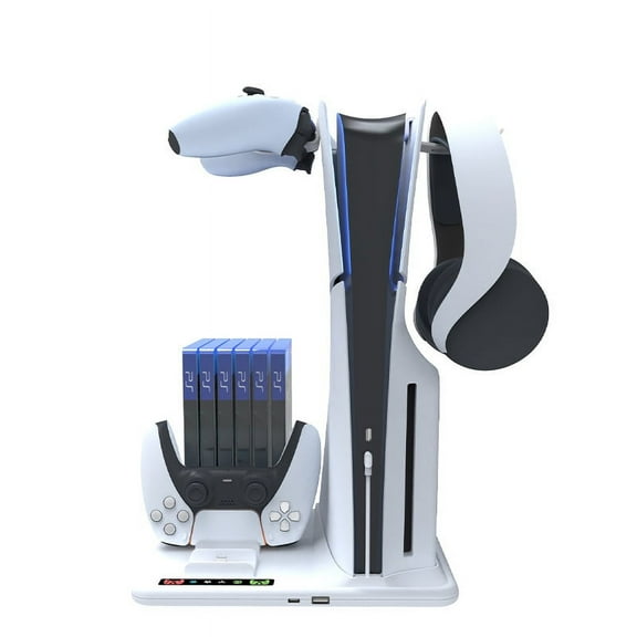 Cooling Dock with Dual Controller Charging Stand For PS5 Slim Console , Disk Organizer Handle Charger With 2 Headphone Hanger Hooks