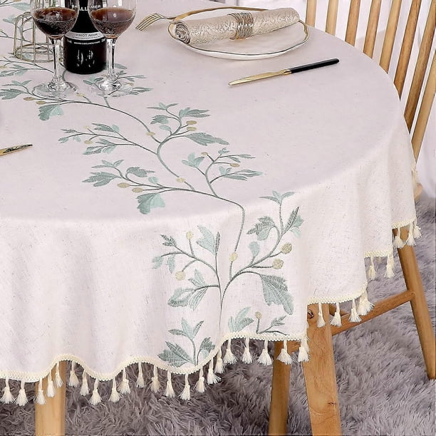 Round Tablecloth 140cm Linen & Cotton Anti-Stain Washable Beige Table Cover with Embroidered Green Leaves, Tassels for Birthday, Wedding, Dining, Coff