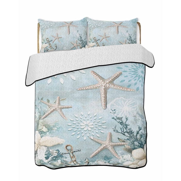 Quilts Queen Size, Teal Ocean Coastal Soft Comforter Bedding Set for Bed, Summer Beach Nautical Coral Starfish Lightweight Quilted Bedspread with Pillow Cover(2 Pieces) for All Season, 90x96 Inch