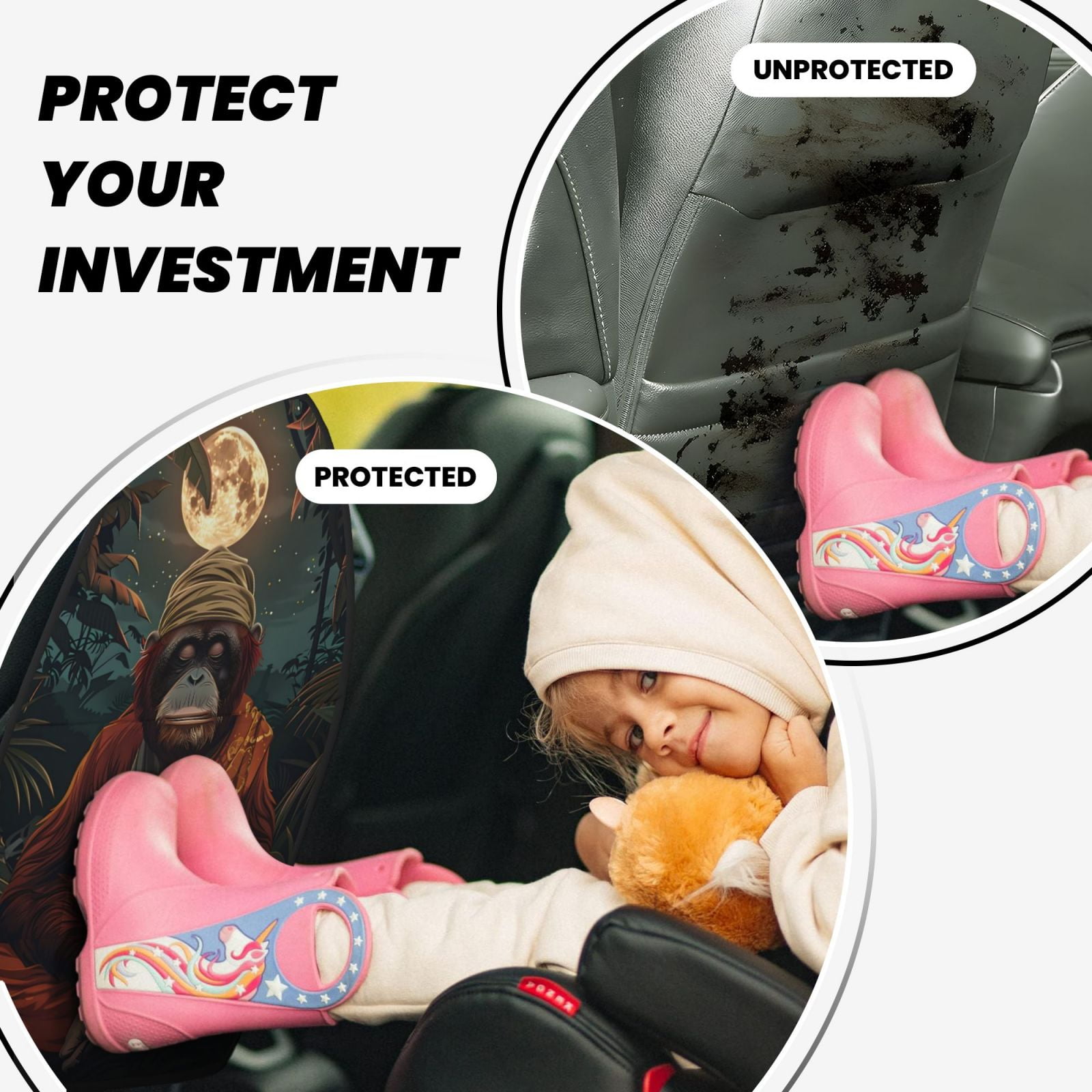 Xecao Banana Leaf Meditating Gorilla Pattern Car Seat Back Protector 2 Pack Large Capacity Pocket, Kick Mats Back Seat Protector
