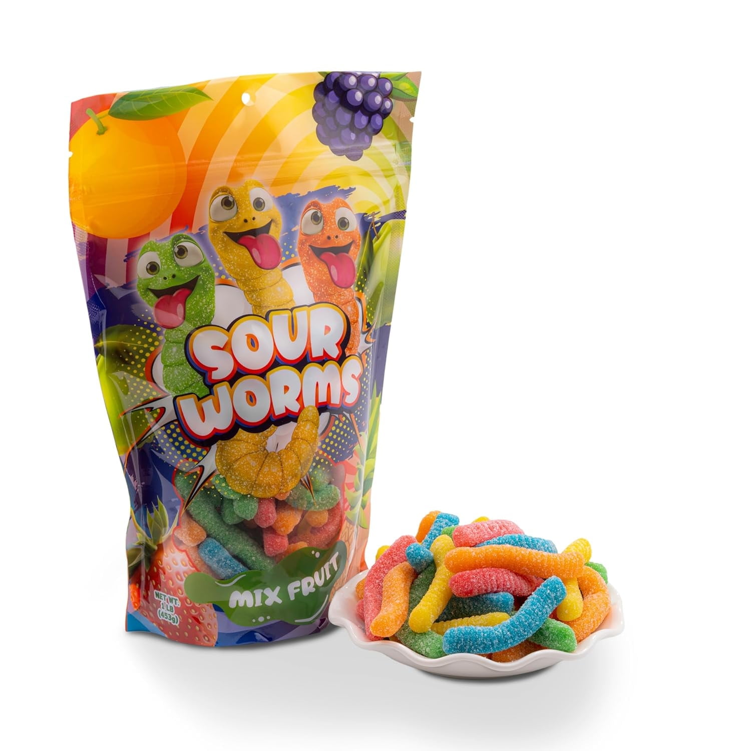 FirstChoiceCandy Sweet & Sour Gummy Worms, Multi Flavors and Solid Colors (1 Pound, Sour Mix Fruit)