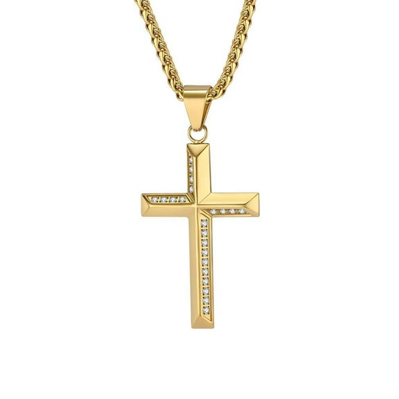 PAMTIER Unisex Stainless Steel Simple Classic Crystal Micro-Pave Zircon Inlay Cross Pendant Couple Amulet Crucifix Necklace Gold No Chain