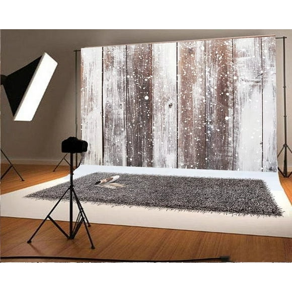 EREHome Polyester Fabric 7x5ft White Snowing Board Wood Photography Backdrop Photo Background