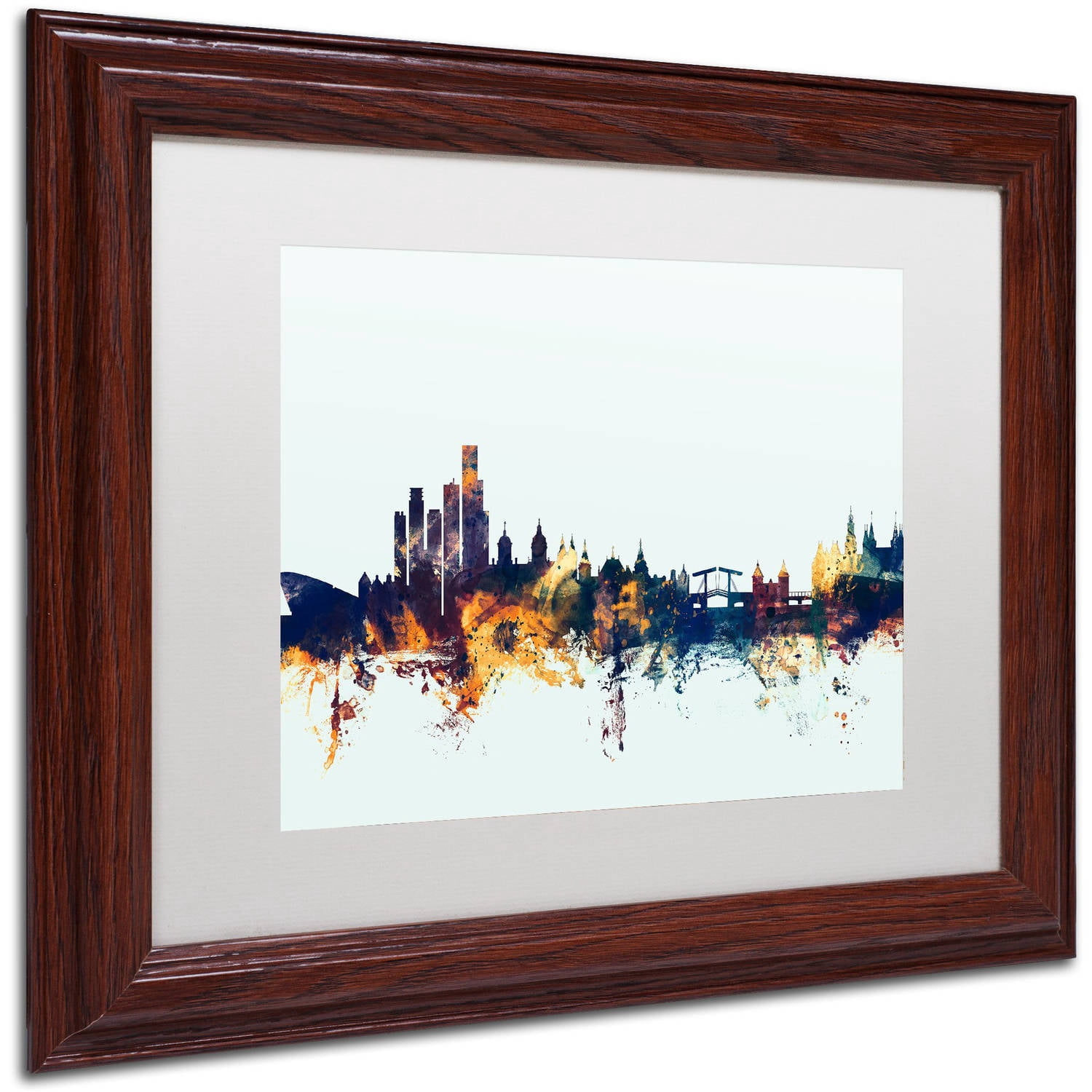 Trademark Fine Art "Amsterdam Skyline Blue" Canvas Art by Michael Tompsett, White Matte, Wood Frame