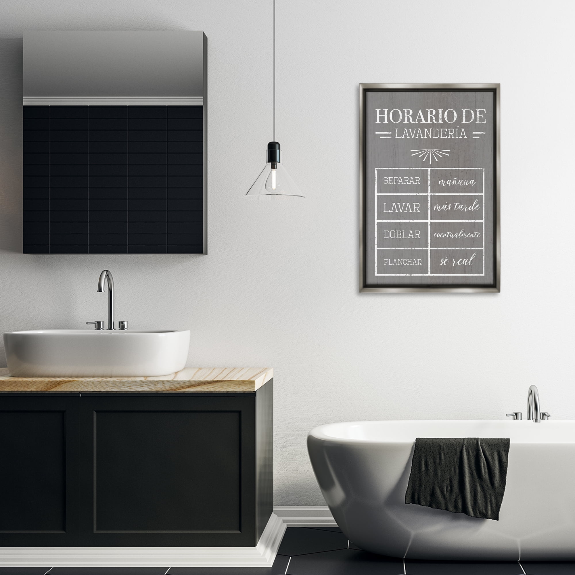 Stupell Industries Horario de Lavandería Bath & Laundry Painting Gray Floater Framed Art Print Wall Art, 21 x 31