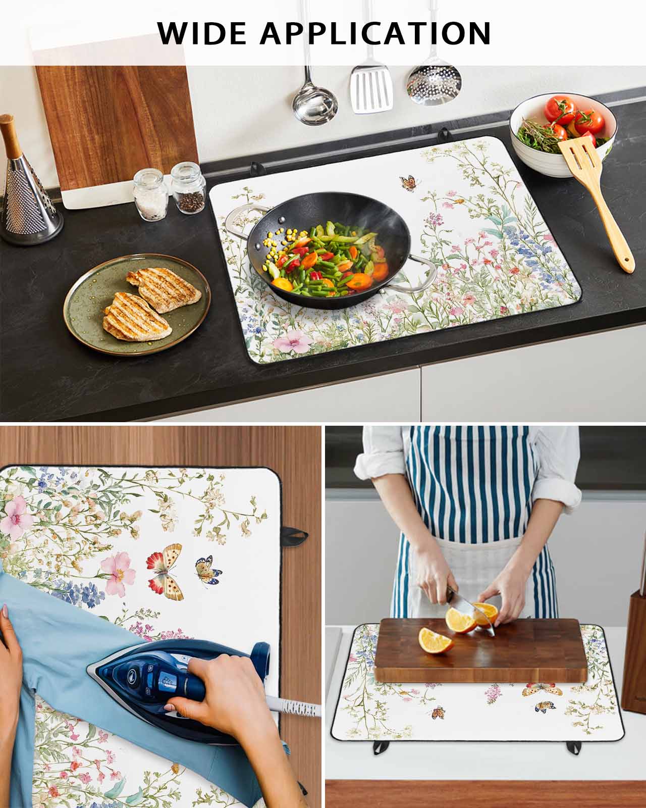 nqOlkjepod Large Induction Cooktop Protector Mat 24"x21", Spring Floral Stove Top Covers for Electric Stove, Butterfly Summer Flowers Pastoral Watercolor Stove Burner Cover Mats Stove Cover
