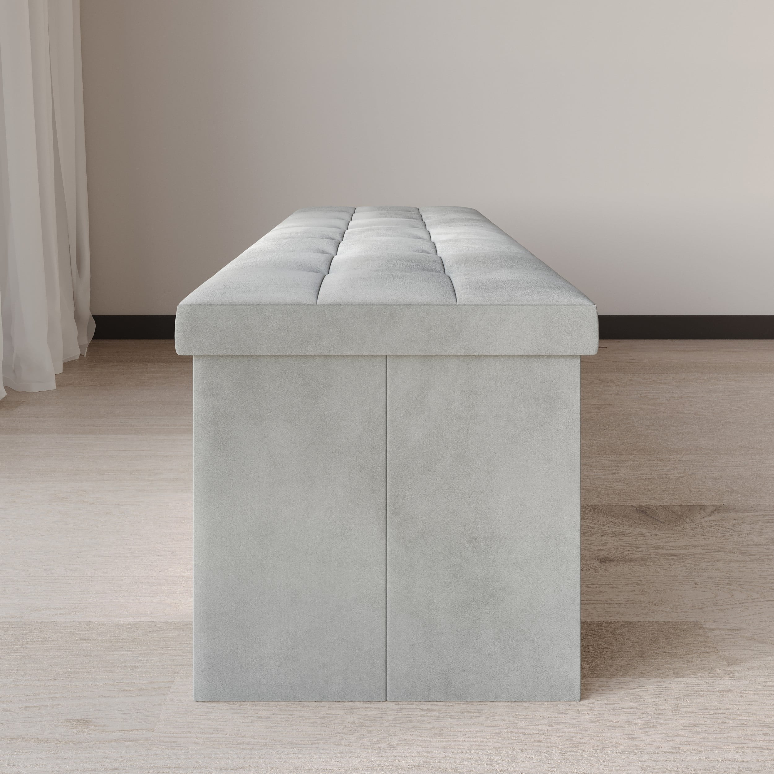 Home Design Chico 42" Tufted Upholstered Folding Storage Bench with Deep Cushion and Front Pocket, Multi-Purpose Rectangular Design for Bedroom, Entryway, or Living Room, Light Gray