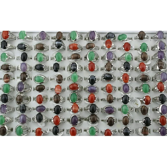 EOEMY Bulk Lots 40Pcs Imitate Agate Resin Colorful Silver P Nobble Women/Lady Rings