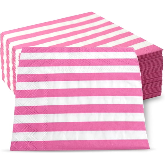Gift Boutique Cocktail Napkins, Hot Pink & White Striped Disposable Paper Beverage Napkins, 3-Ply Party Tableware, 100 Count, 5 x 5 Inch Folded