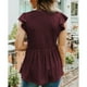 thumbnail image 4 of Blusa de manga corta con volantes para mujer, informal, con cuello en V, dobladillo suelto, blusa de manga corta para primavera y verano, rojo vino XXXL, 4 of 6