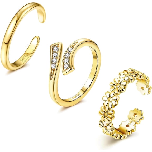 3PCS 14K Gold Filled Toe Rings for Women Adjustable Silver Gold Toe Ring Set Cute Opal CZ Daisy Flower Toe Rings Open Band Hawaiian Beach Summer Foot Jewelry for Women Gold Plated