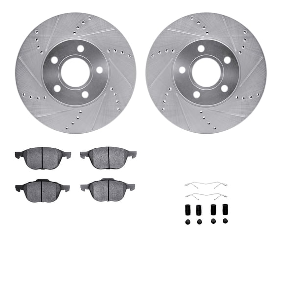 Dynamic Friction Company Front Brake Rotors-Drilled and Slotted-Silver with 5000 Advanced Brake Pads includes Hardware 7512-54072