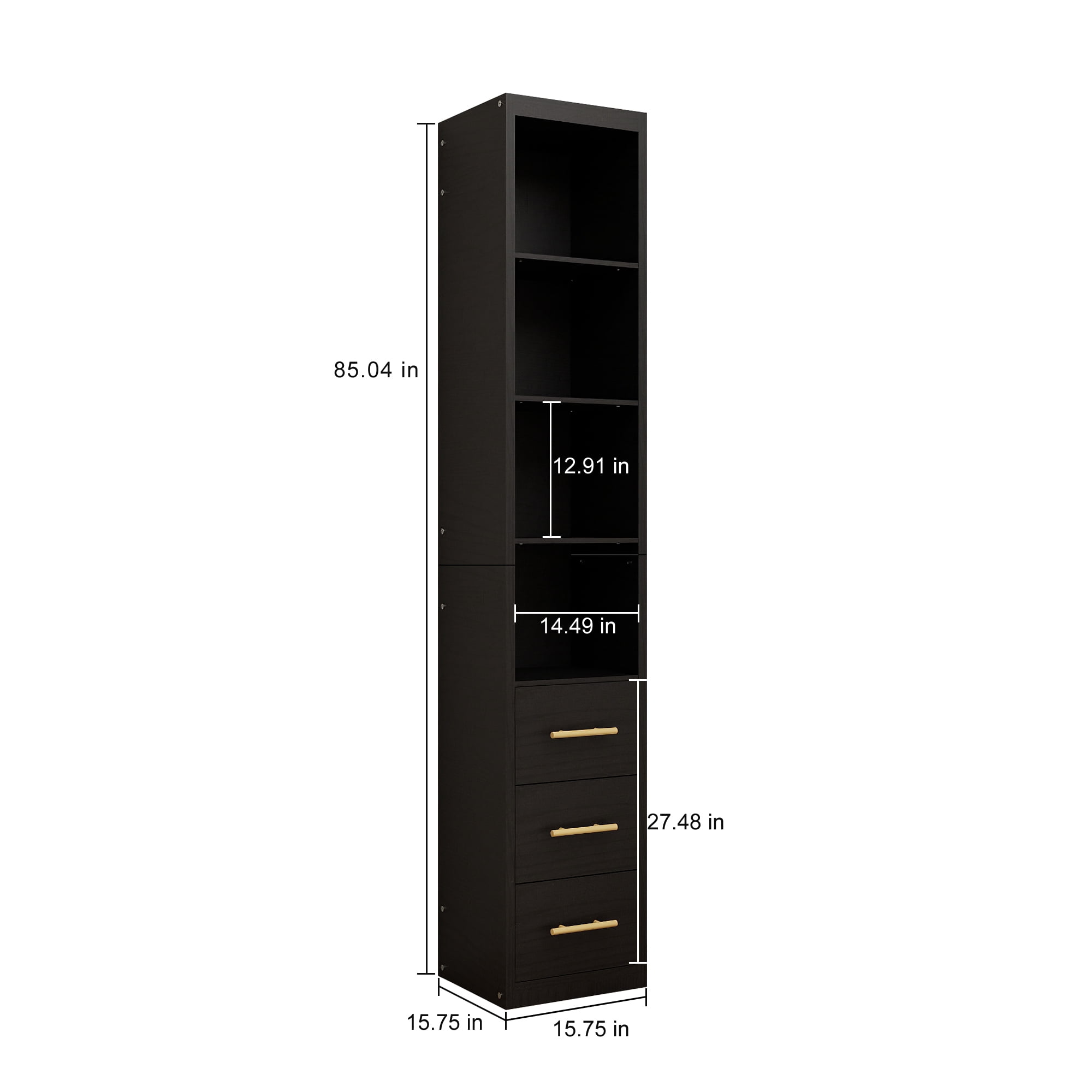 Mintazer 85" Narrow Tall Freestanding Storage Cabinet with 4‑Tier Open Shelves & 3 Drawers, Slim Floor Pantry Cabinet for Kitchen Bathroom Living Room Small Spaces, Black