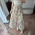 thumbnail image 2 of Falda de gasa con frunces y flores rosas de verano 2024, falda de gasa de estilo europeo hasta la rodilla para mujer, caftán de gasa, 2 of 4