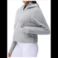 thumbnail image 3 of Sudadera con Capucha para Mujer, de Larga, Corta, con Media Cremallera y Bolsillos con Orificio para el Pulgar. Gris L, 3 of 6