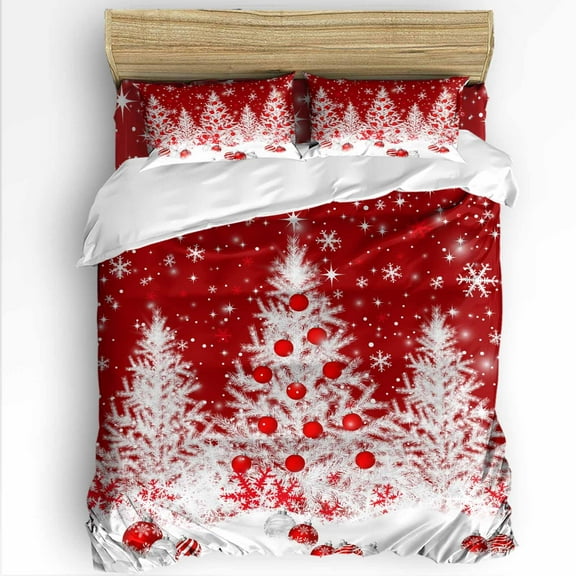Christmas Tree Queen Size Comforter Set, White Xmas Tree Winter Snowflakes Red Soft Bedding for All Seasons, 4 Pcs Bed Set with 1Comforter (90"x92") ,1 Sheet(94"x116"), 2 Pillowcases (19"x29")
