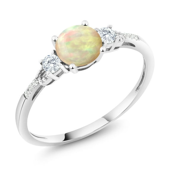 10K White Gold White Ethiopian Opal White Created Sapphire and White Diamond Accent 3-Stone Engagement Ring for Women (0.70 Cttw, Round Cabochon 6MM, Gemstone October Birthstone, Size 8)